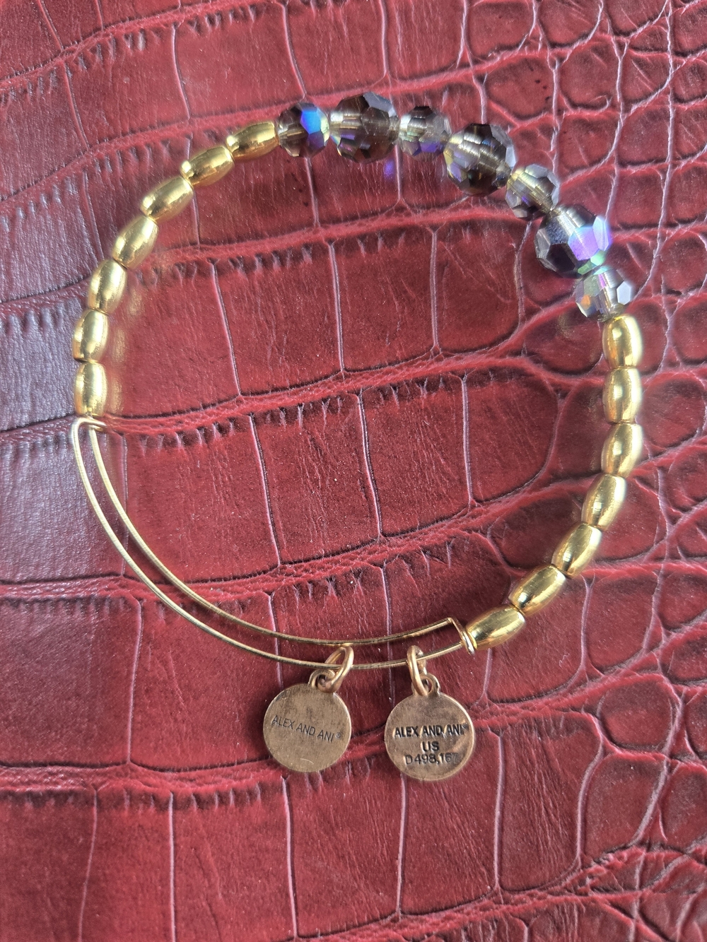 Alex and Ani Gold-Tone Bangle Bracelet with Iridescent Purple Beads - Picture 3 of 5